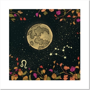 Leo Zodiac Moon FLower Night Sky Posters and Art